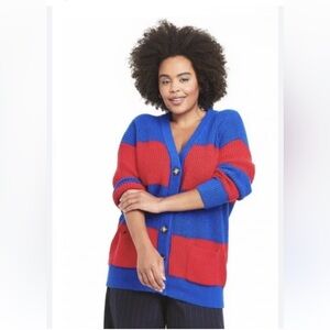 This is a La Ligne x Target Rugby Stripe Cardigan Sweater in red and blue.
